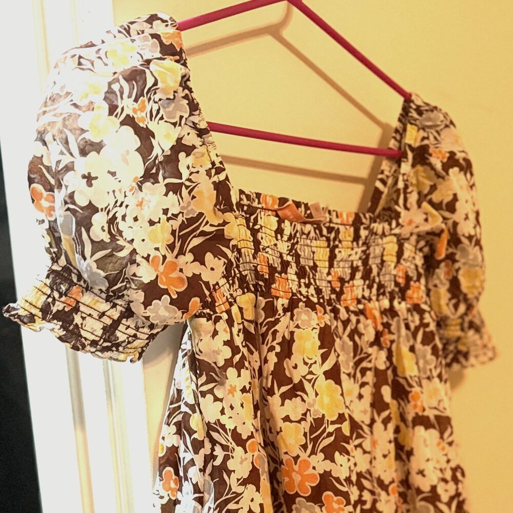 Tory Burch Floral Smocked Puff Sleeve Dress - Brown, Orange, Yellow, White - Siz